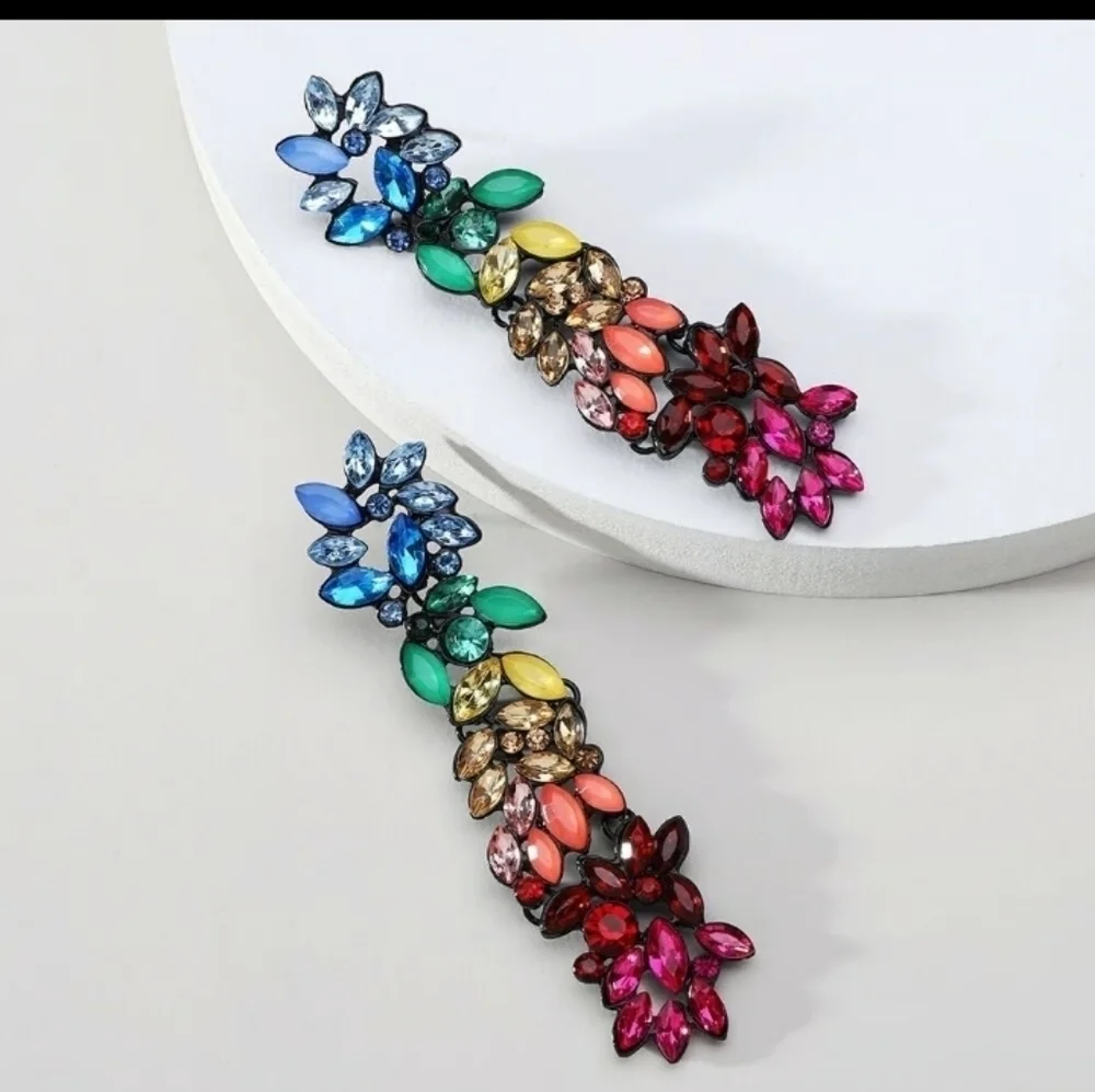 Rainbow Crystals Floral Cascade Statement Earrings